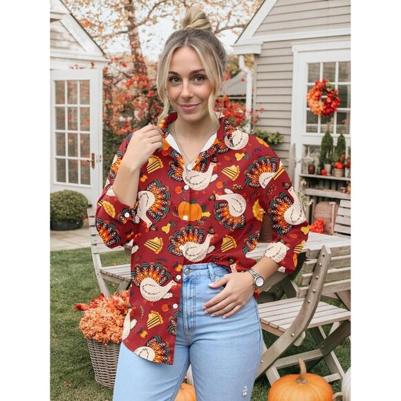 Women's Fall Graphic Long Sleeve Blouse for Thanksgiving and Halloween - Picture 2 of 7